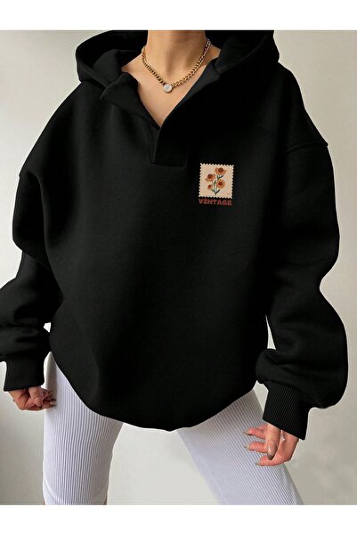 Deocept سويت شيرت أسود برقبة على شكل حرف V للجنسين بغطاء رأس فينتاج فل مطبوع قصة فضفاضة