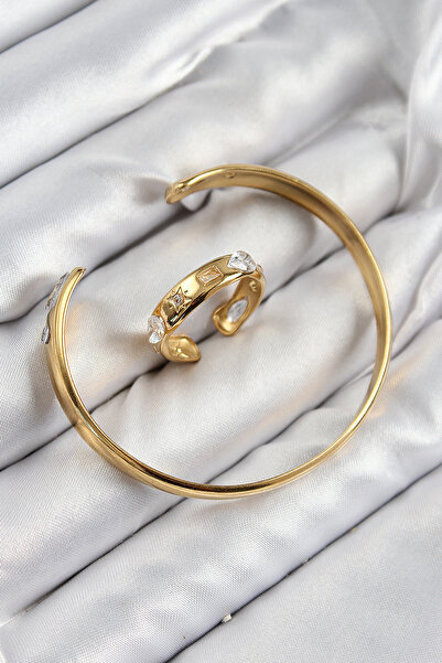 Skygo Brass Zircon Stone Split Model Gold Color Bracelet Ring Set - Tj-Bb7605