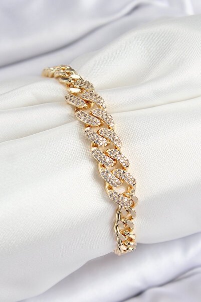 Skygo Brass Zircon Stone Cuban Chain Model Gold Color Women's Bracelet - Tj-Bb7533
