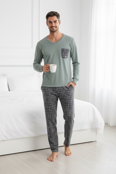 seamlife Men's Green V-Neck Buttonless Chest Pocket Thermal Winter Long Sleeve Pajama Set with Ankle Cuffs and Pockets