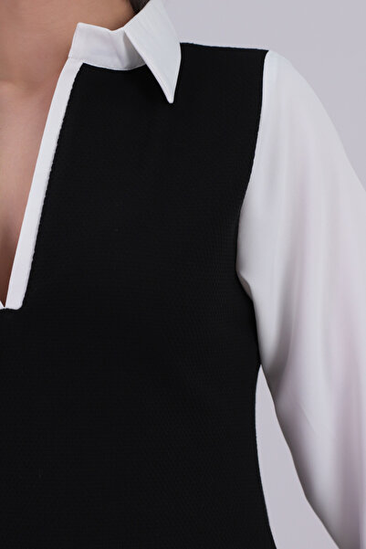 armonika Kadın Siyah-Kareli Gömlek Yaka Uzun Kollu Mini Elbise ARM-25K001050