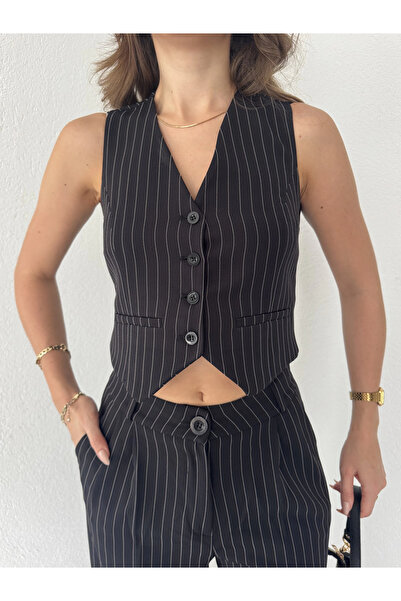 asfamoda Women's Black Striped Sleeveless Buttoned Lined Vest