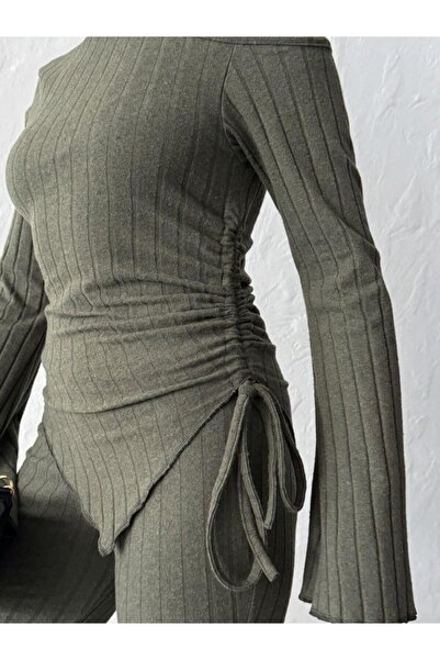 Jeevee Asymmetric Collar Adjustable Ruched Detail Corded Fabric Set