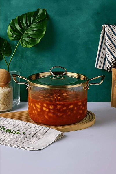 Jenisa وعاء زجاجي من البوروسيليكات سعة 4.5 لتر - وعاء مقاوم للحرارة مع تفاصيل ذهبية محددة ومقابض