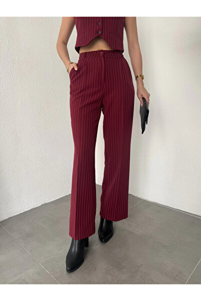 asfamoda Pantaloni de damă, cu dungi bordeaux, plisați, cu talie completă, cu...