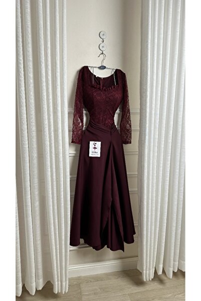 Onila فستان عنابي دانتيال كم طويل