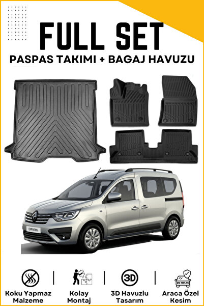 ko kaliteoto Renault Express 2022 Model Birebir Uyumlu Bagaj Havuzu+Paspas Seti