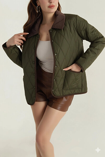 hazelin Palton matlasat pentru femei, kaki, cu închidere cu capse, cu detalii din catifea HZL25W-BD152261