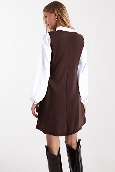 armonika Women's Coffee Shirt Collar Long Sleeve Mini Dress Arm-25K001050