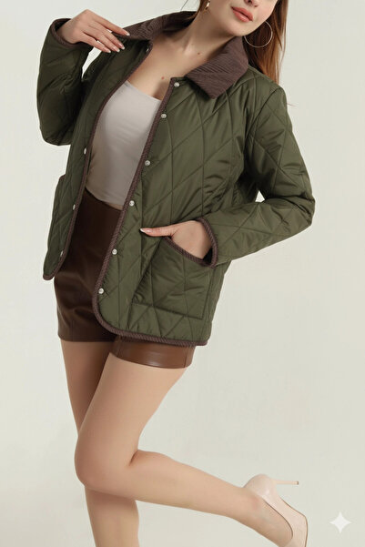 hazelin Palton matlasat pentru femei, kaki, cu închidere cu capse, cu detalii din catifea HZL25W-BD152261