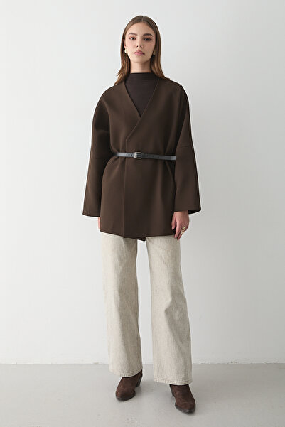 JASTE Women's Brown Double-Breasted Collar Belt Detailed Kimona