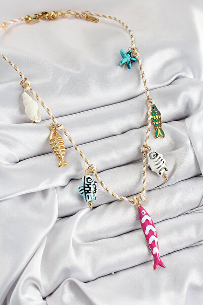 Skygo Ceramic Motif Pink Fish Figured Model Cream Thread Women's Necklace - Tj-Bko10398