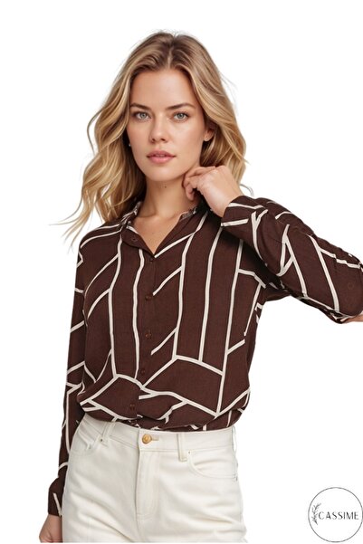 Cassime Γυναικείο πουκάμισο με μακρύ μανίκι από βισκόζη με γεωμετρικές ρίγες σε καφέ χρώμα