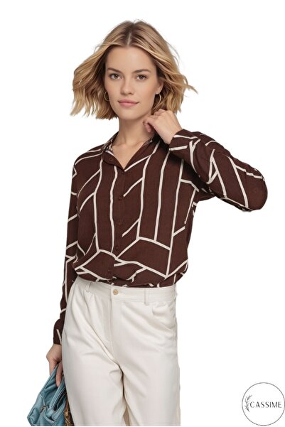 Cassime Γυναικείο πουκάμισο με μακρύ μανίκι από βισκόζη με γεωμετρικές ρίγες σε καφέ χρώμα