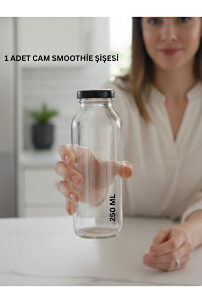 Milea 1 Adet Smoothie Şeffaf Meyve Suyu, Meşrubat, Limonata Şişesi Siyah Metal Kapaklı Boş Cam Şişe 250 ml