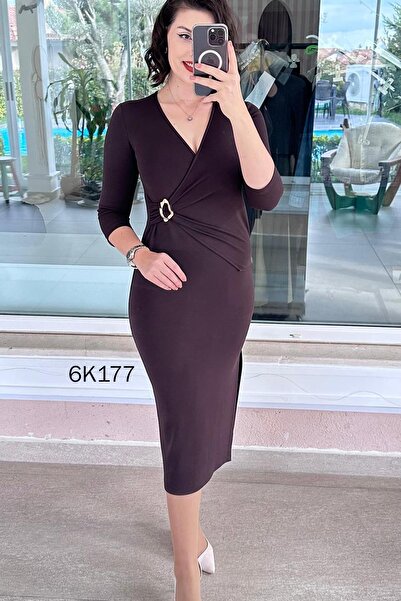 İnce Topuk Double-Breasted Collar Buckle Viscose Dress 6K177