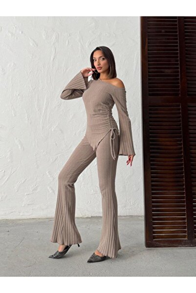 Jeevee Asymmetric Collar Adjustable Ruched Detail Corded Fabric Set