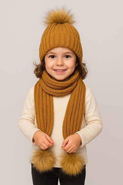 ŞAPKAKİDS Milk Coffee Single Pompon Knitwear Scarf Beanie Set