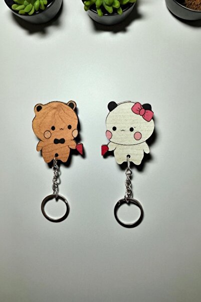 BİRBEYSTORE Cute Figures Keychain (Wood) 2 Pieces Meaningful Gift
