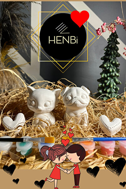 HENBi Sevgiliyle Boyama Etkinliği (3D) Sevgili Hediyelik Biblo Kedi ve Köpek2 konsept Taş Boyama Seti