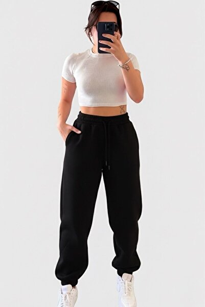 VAJESTO Γυναικείο μαύρο παντελόνι φούτερ Χοντρό ελαστικό μοντέλο 3 κλωστών