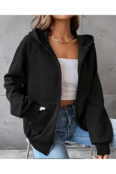 Kadın Basic 3 iplik Kanguru Cepli Organik Pamuk Fermuarlı Kapüşonlu Siyah Sweatshirt