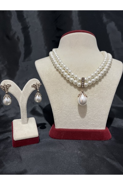 ZEYTUN AKSESUAR طقم قلادة وأقراط من اللؤلؤ العتيق - طقم مجوهرات من اللؤلؤ الز...