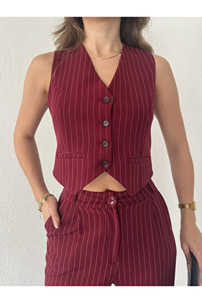asfamoda Women's Burgundy Striped Sleeveless Buttoned Lined Vest