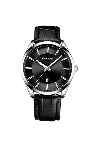 Curren Quartz Fashion Simple Men's Wristwatch Black Silver Leather