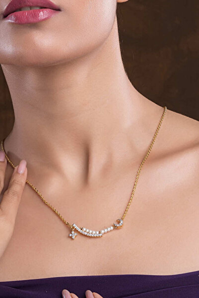 The Collection Polar Star Crescent Detailed Non-Tarnish Gold Pearl Stone Steel Necklace
