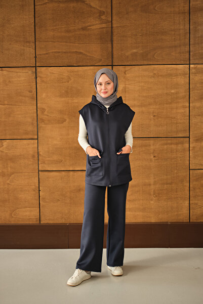 LOCCO Kadın Çift Cepli Kapüşonlu Yelekli Takım Lacivert