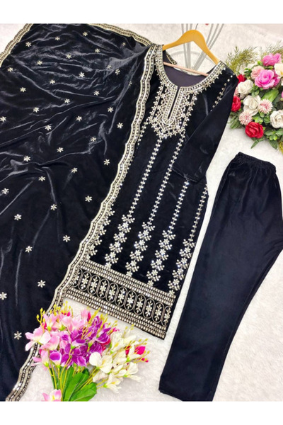 MYSMAR Black Viscous Velvet Kameez Salwar & Dupatta - PMM17326 | Black