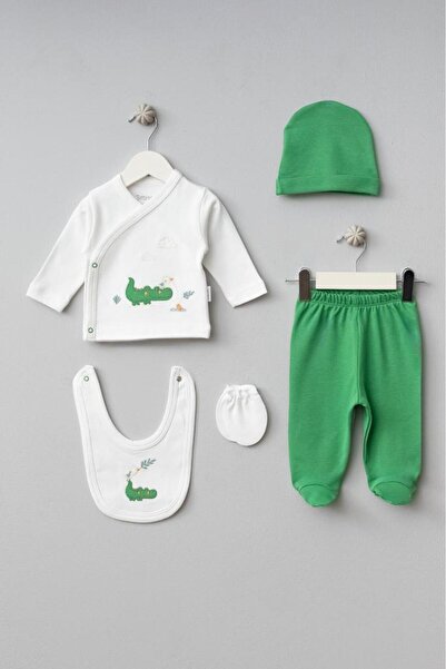 Bebitof 100% Cotton Cute Bird and Crocodile Patterned Baby 5-Piece Newborn Hospital Discharge Bodysuit Set B