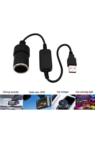 Generic USB Male to 12V Female Adapter Cable for Car Cigarette Lighter Socket (8W), Black