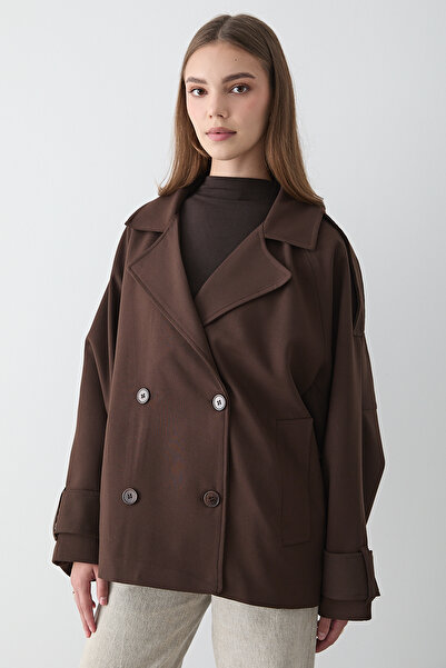 JASTE Women's Oversized Double-Breasted Collar Pocketed Short Trench Coat