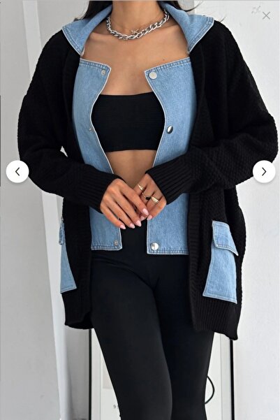 GND Women's Black Standard Size Snap Button Double Pocket Denim Denim Detailed Design Oversize Knitwear Cardigan