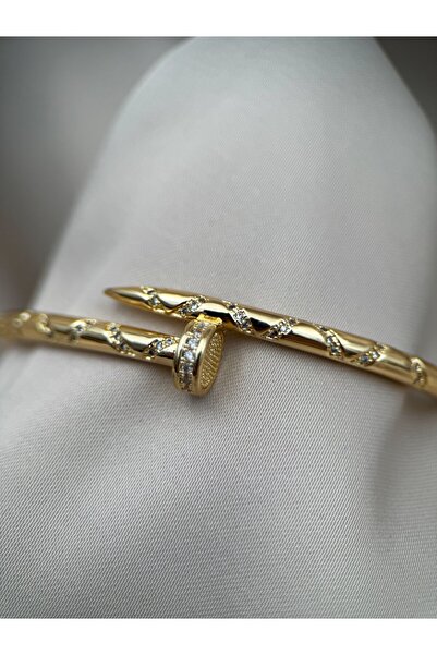 Luseda Gold Renk Zirkon Taşlı Civi Kelepçe Bileklik