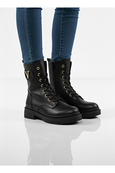Elit 717 Μαύρες δερμάτινες καθημερινές γυναικείες μπότες με φερμουάρ