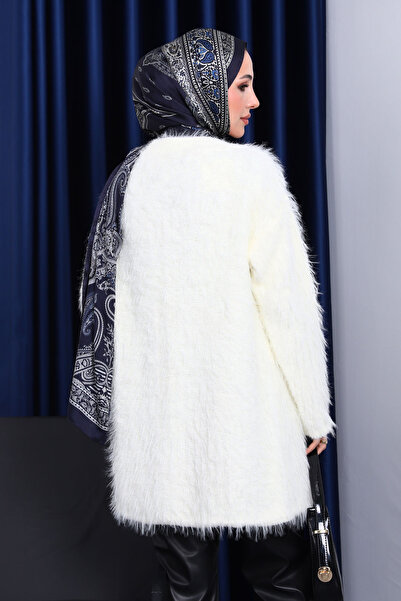 İmajButik Κρεμ μακριά πλεκτή ζακέτα Angora Yumoş