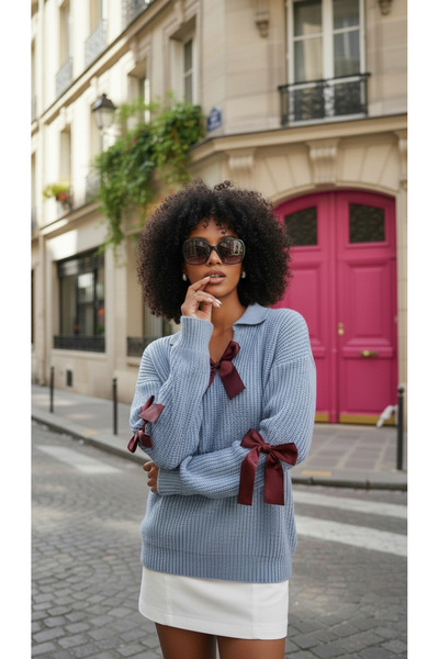 NİLZA Women's Polo Neck Bow Ribbon Detailed Trend Knitwear Sweater