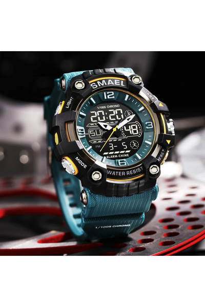 SMAEL Ceas de mână digital pentru bărbați, stil militar, cronometru militar, alarmă, sport, albastru