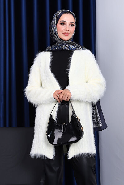 İmajButik Κρεμ μακριά πλεκτή ζακέτα Angora Yumoş