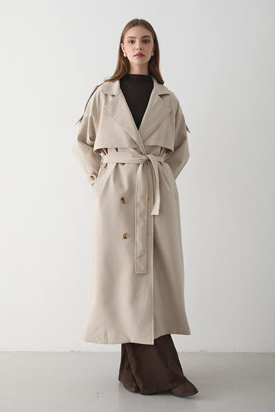 JASTE Kadın Bej Kruvaze Yaka Kuşaklı Uzun Trençkot