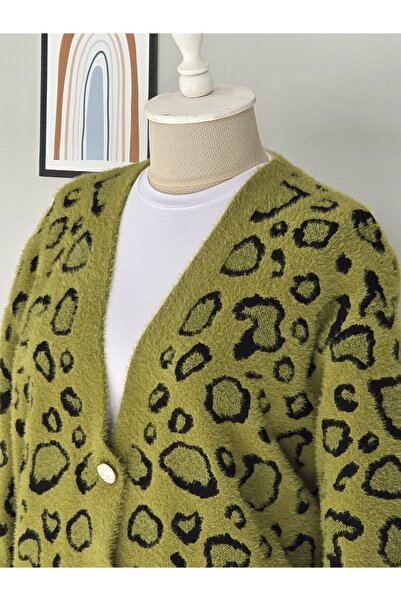 ENDAMIM كارديجان طويل من التريكو بنسيج ناعم مقاس كبير بنقشة الفهد