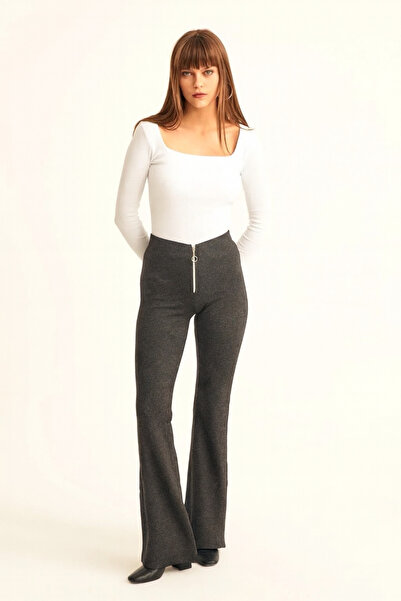 LACHT Women's Anthracite Melange High Waist Zipper Detailed Flared Pants