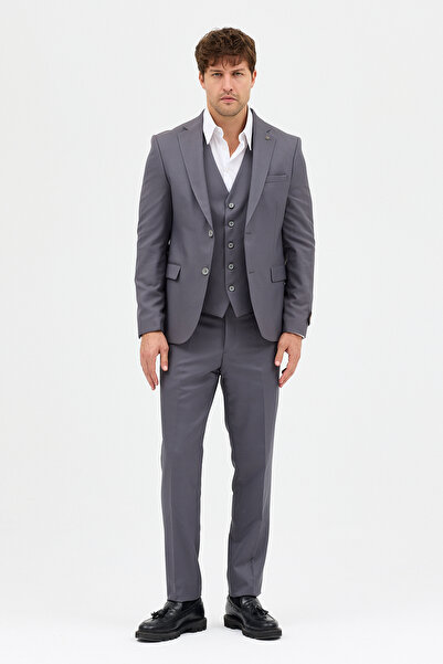 Frappoli Celiato Erkek Antrasit Poliviskon Kumaşlı Ceket+Pantolon+Yelekli Slim Fit Takim Elbise