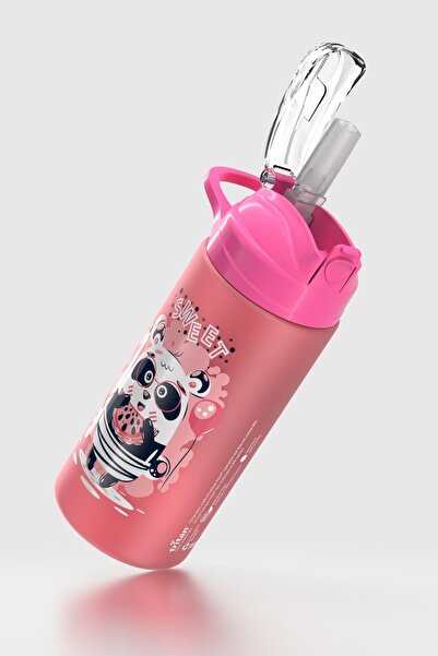 Renga Falcon Panda Patterned 500 ml Matte Tritan Children's Water Bottle with Straw 912037 Pink