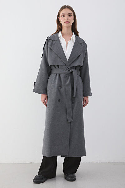 JASTE Women's Anthracite Double-Breasted Collar Belted Long Trench Coat