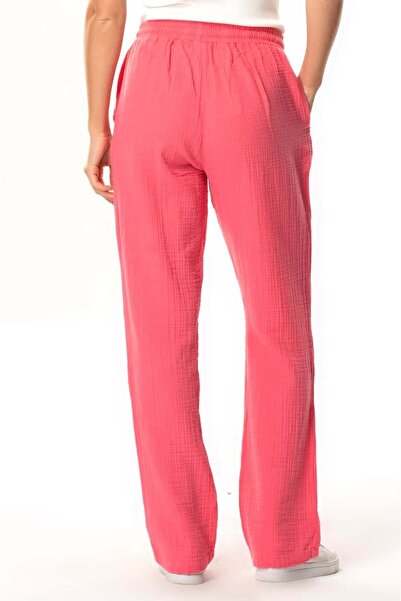 Eliş Şile Bezi Γυναικείο καλοκαιρινό παντελόνι μουσελίνα με διπλή τσέπη με κορδόνια στη μέση ροζ Pmb