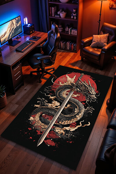 Dragon Patterned Anti-Slip Sole Machine Washable Gaming Player Gamer Teen Room Rug